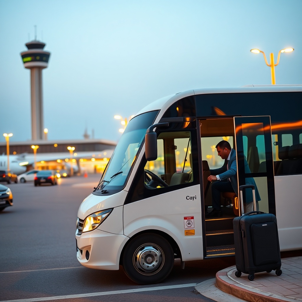 Free airport shuttle service from a Cairo airport hotel picking up travelers at the terminal, highlighting convenience for layovers and early flights.