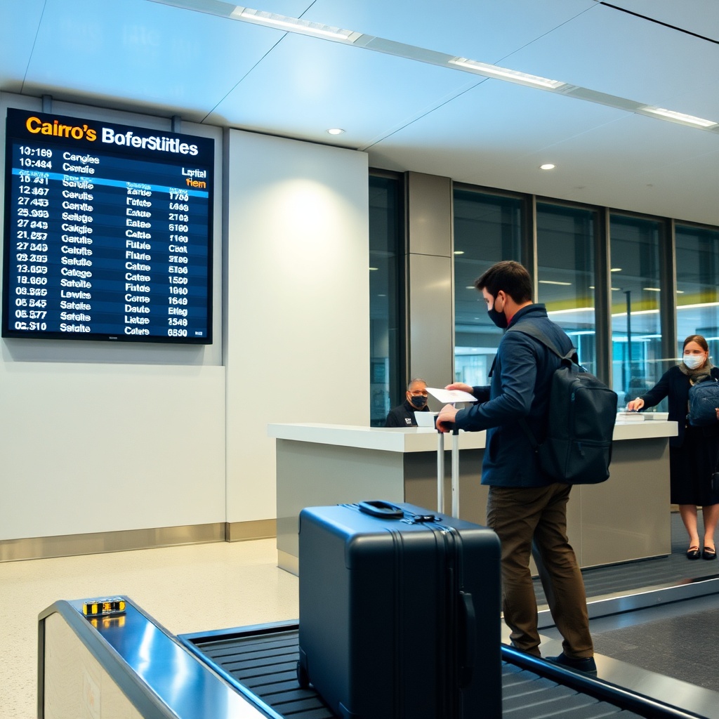 Passenger checking in at the departures counter with a flight information board in the background, illustrating the efficient process for Cairo Airport departures and arrivals.