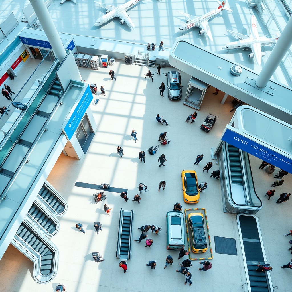 Top-down view of transportation options within Terminal 2 at Cairo International Airport, highlighting efficient navigation for domestic flights