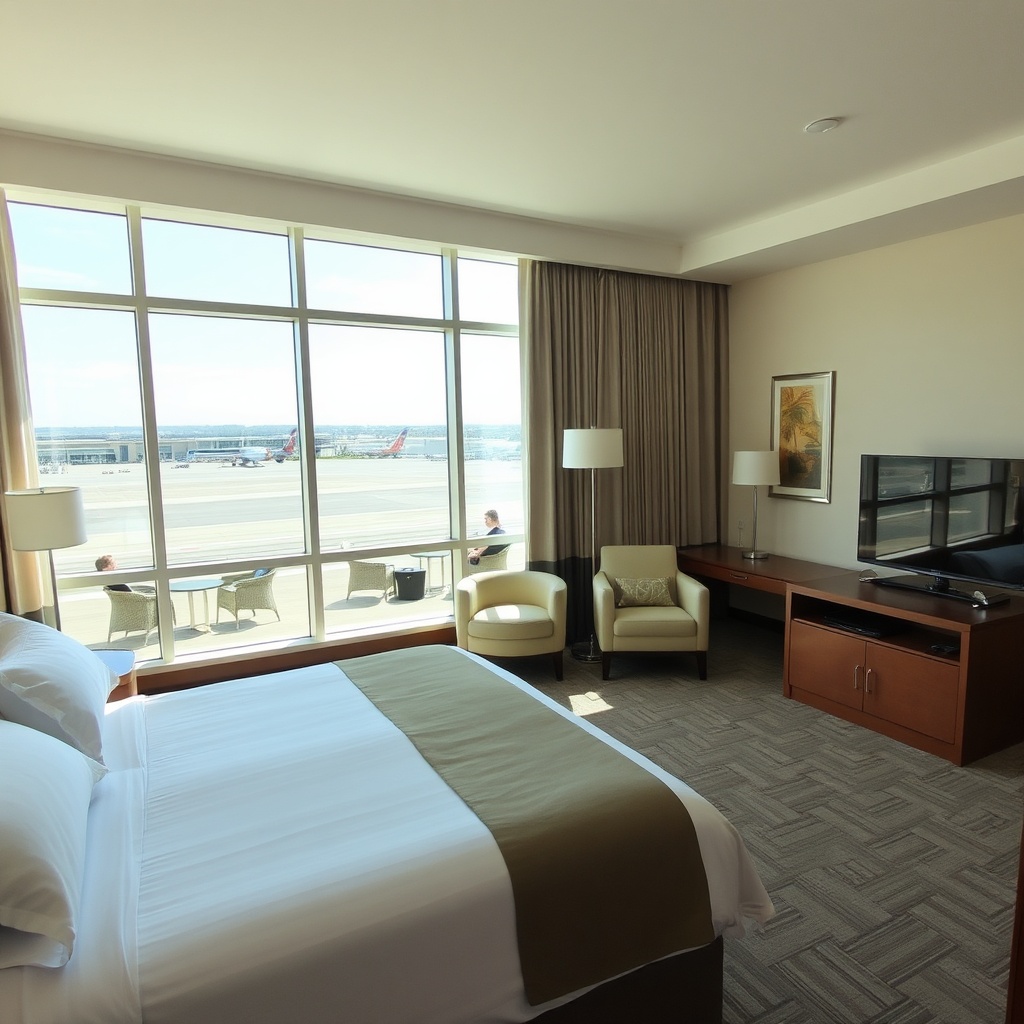 Spacious hotel room at Best Hotels Near Cairo Airport with comfortable bed, modern furniture, and large window overlooking the airport.