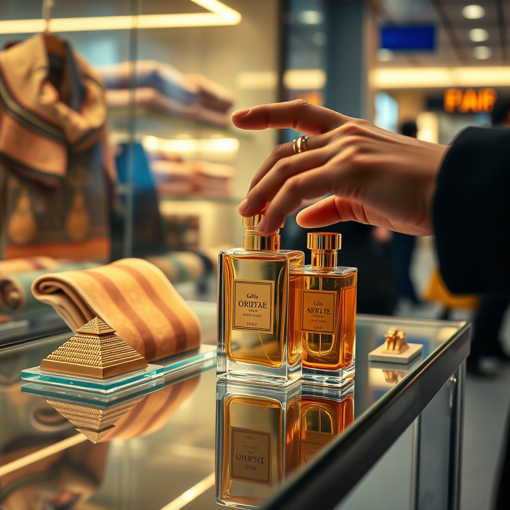 Close-up of a traveler selecting a luxury perfume bottle among Egyptian souvenirs at the airport duty free shop