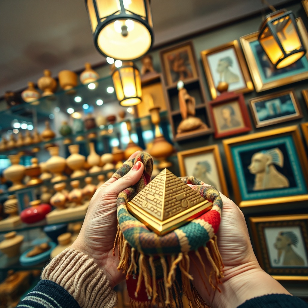 Close-up of a shopper selecting a handwoven cotton scarf and brass pyramid souvenir at a Cairo Airport Egyptian crafts store, featured in a comprehensive Cairo Airport shopping guide