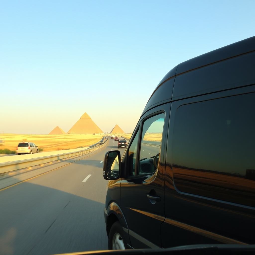 Private transfer van on the road from Cairo Airport to Giza with Pyramids in the background.