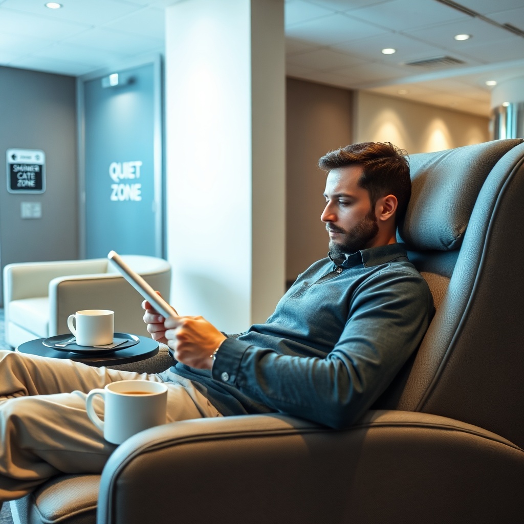 Traveler enjoying a quiet moment in a Cairo airport lounge, with a recliner, coffee, and tablet, highlighting the relaxation and comfort available in airport lounges at Cairo International Airport