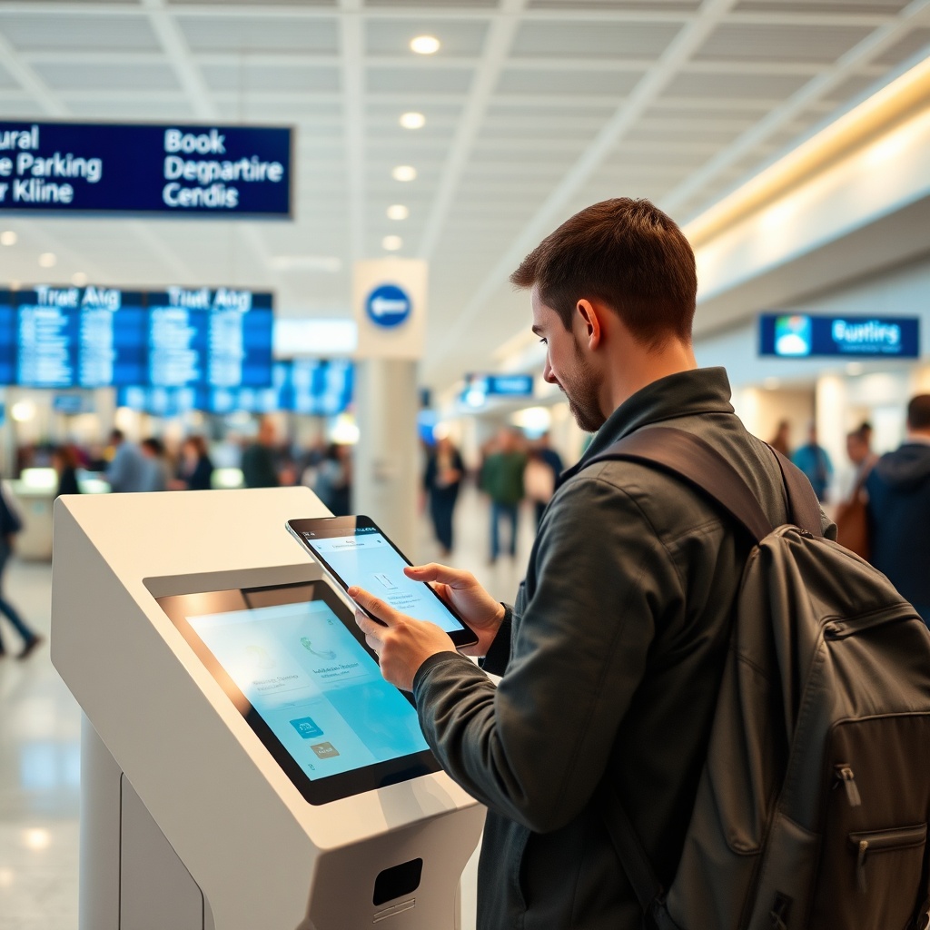 Traveler booking Cairo airport parking at a kiosk in a bustling airport scene, highlighting the convenience of advance booking