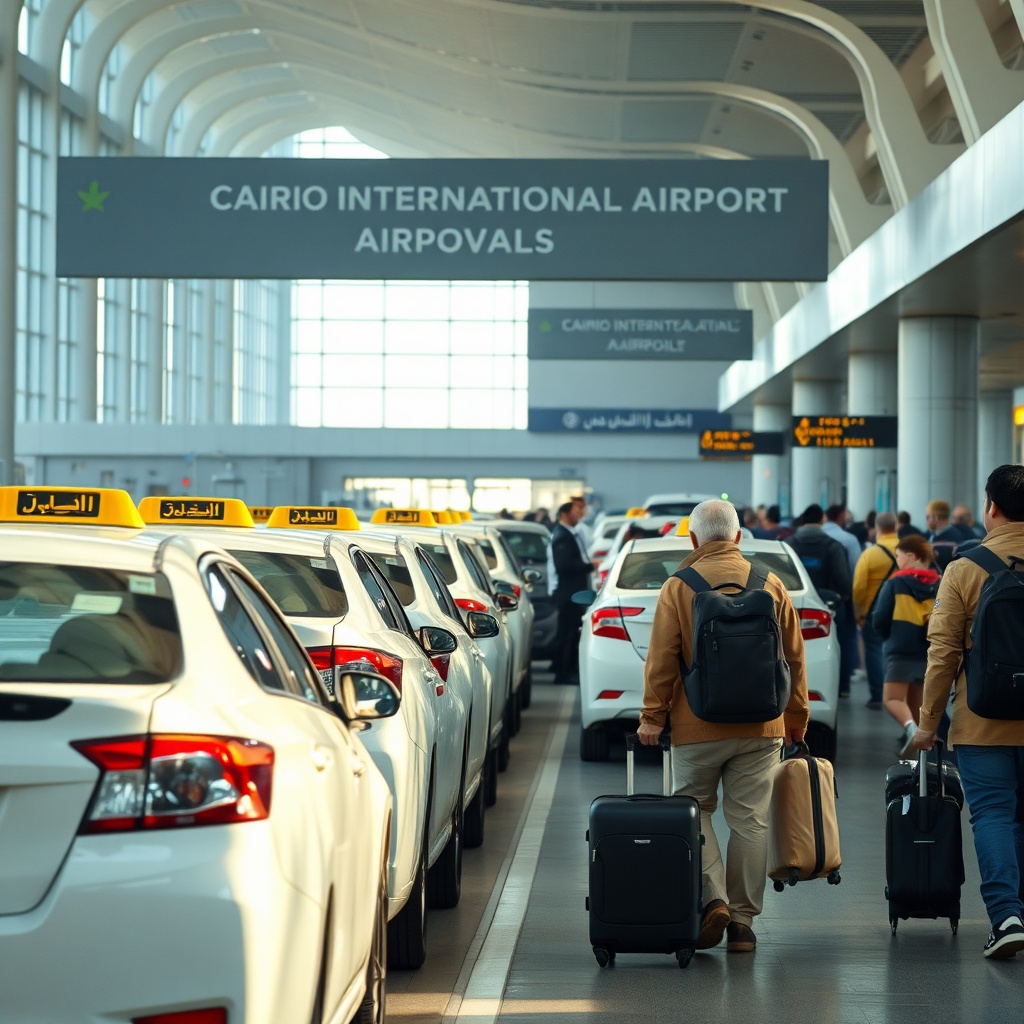 Travelers at Cairo International Airport heading to official white taxis for a direct Cairo Airport to Pyramids journey