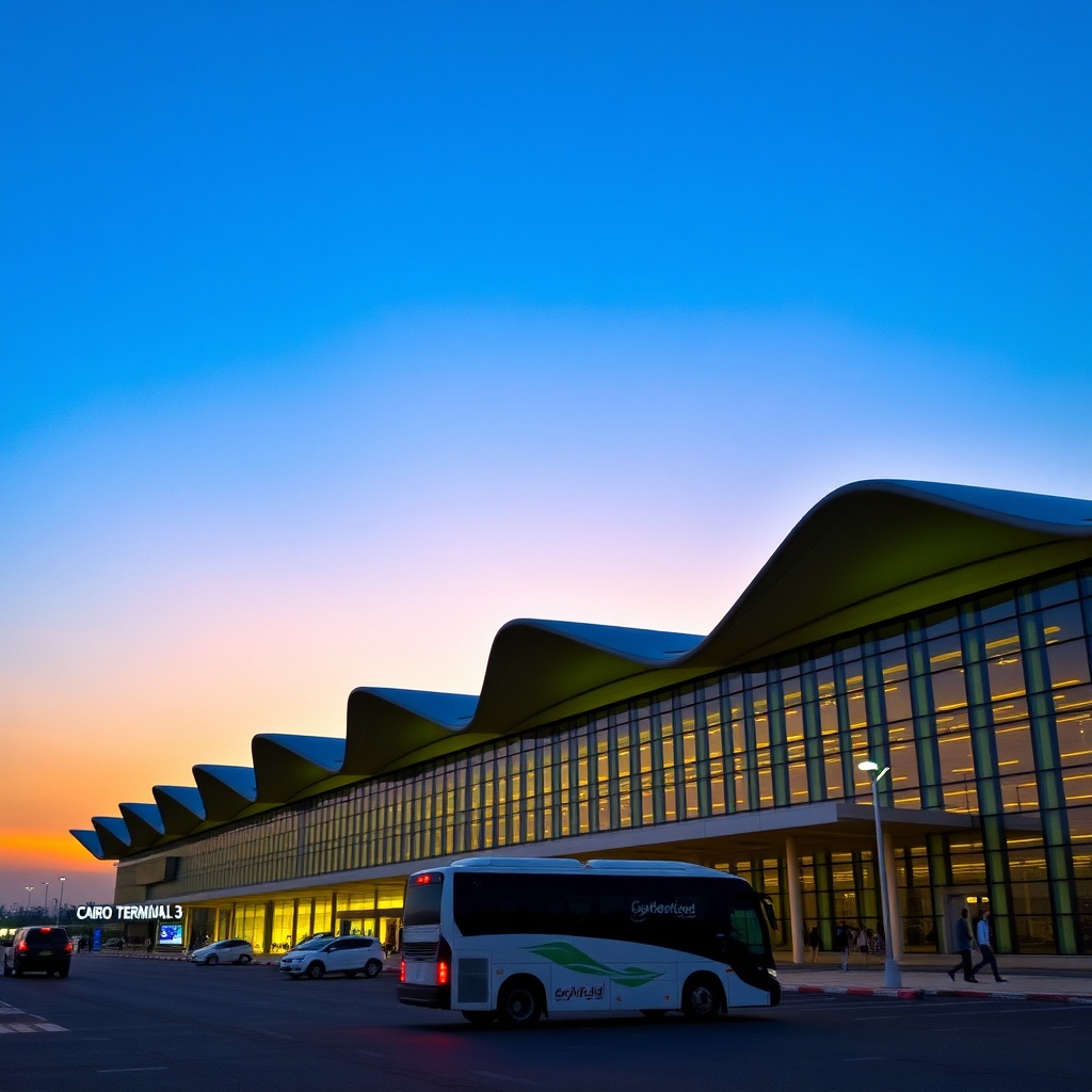 Exterior view of Cairo Airport Terminal 3 at dusk, showing modern architecture and a shuttle bus connecting terminals