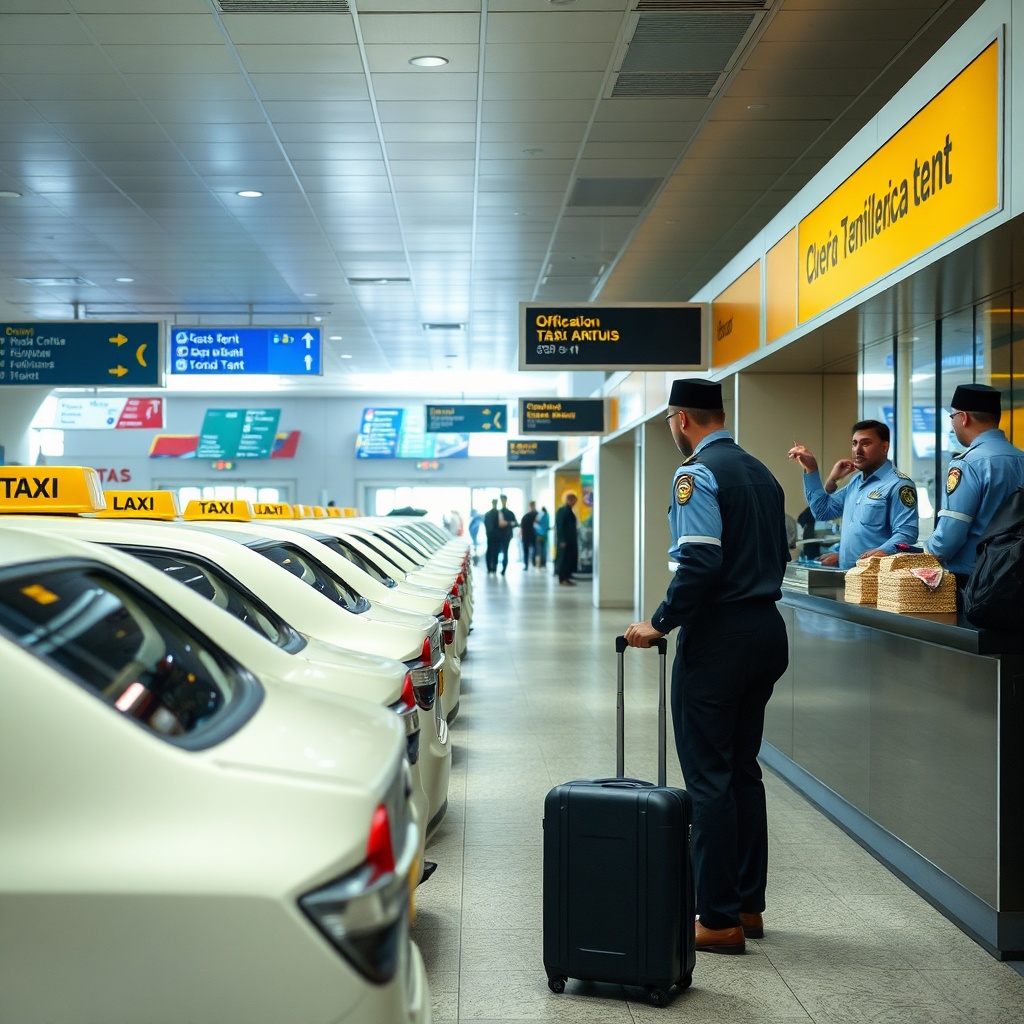 Travelers at Cairo airport choosing official taxi service for their transfer to downtown, with dispatch counter and waiting taxis in view