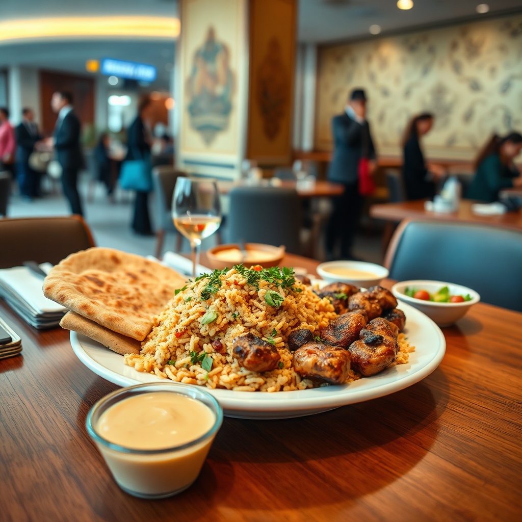 Authentic Egyptian dishes served at one of the Cairo Airport restaurants, including koshari and grilled meats, with warm interior lighting