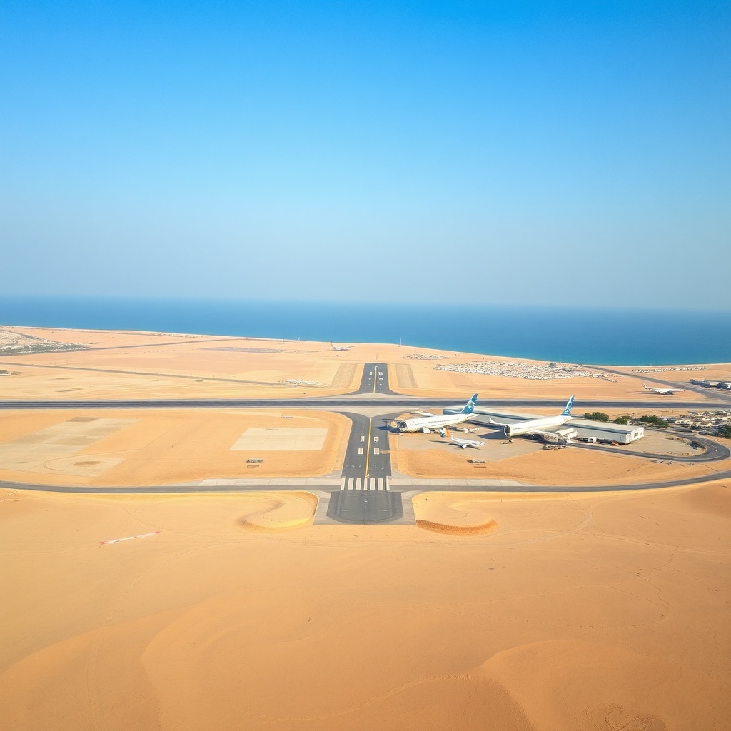 Aerial view of Borg El Arab Airport in Alexandria with desert and sea backdrop, showing a smaller, less congested alternative in the Cairo Airport vs Alexandria Airport decision for direct trips to the North Coast.