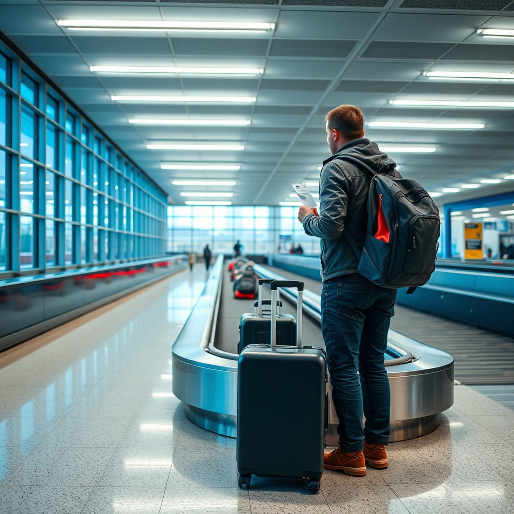 Cairo Airport arrivals baggage claim carousel with traveler waiting for luggage, bright lighting and moving suitcases.